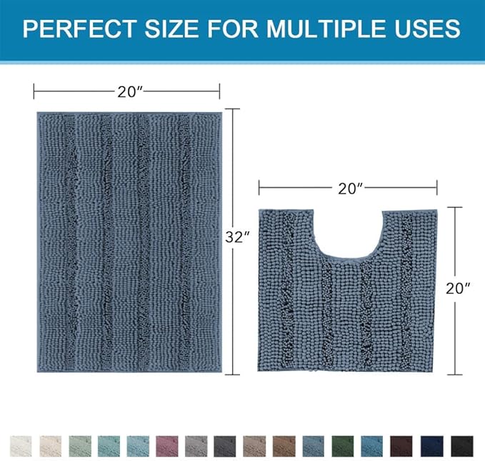 H.VERSAILTEX Bathroom Rug Sets 2 Piece Bath Mats Non Slip Thick Soft Chenille Striped Bath Rug achine Washable Shower Floor Rugs for Tub, Shower and Floor (Blue Indigo, 20"x32" Plus 20"x20" U)