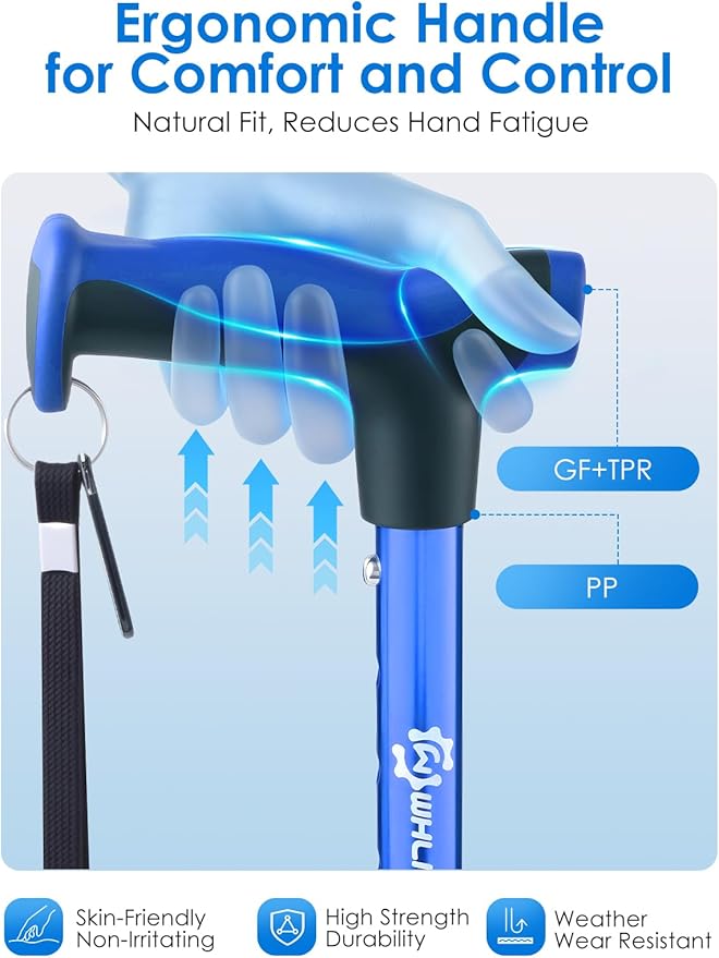 Adjustable Walking Cane for Women & Men for Stability, Self Standing Cane with Second Handle for Standing, 350lbs Heavy Duty Foldable Collapsible Folding Cane, Walking Sticks for Seniors & Adult