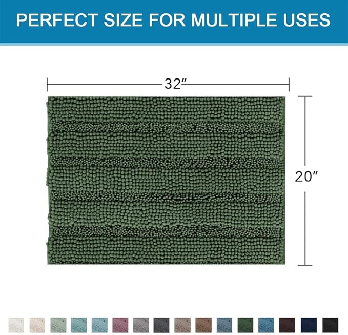 H.VERSAILTEX Bath Rugs for Bathroom Non Slip Bath Mats Extra Thick Chenille Striped Rug 20" x 32" Absorbent Non Skid Fluffy Soft Shaggy Washable Plush Mat for Indoor, Bath Room, Tub - Bronze Green