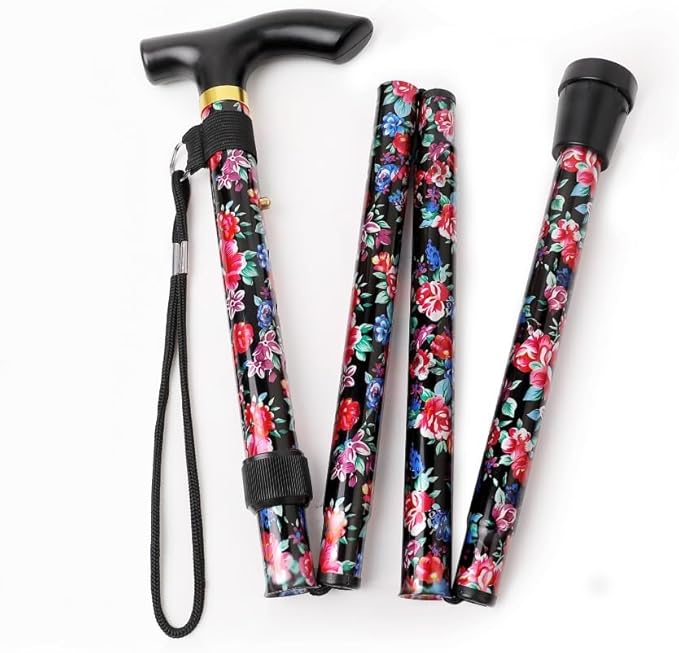 Folding Lightweight Walking Stick - Adjustable Aluminum Metal Collapsible Travel Cane with Non-Slip Rubber Base