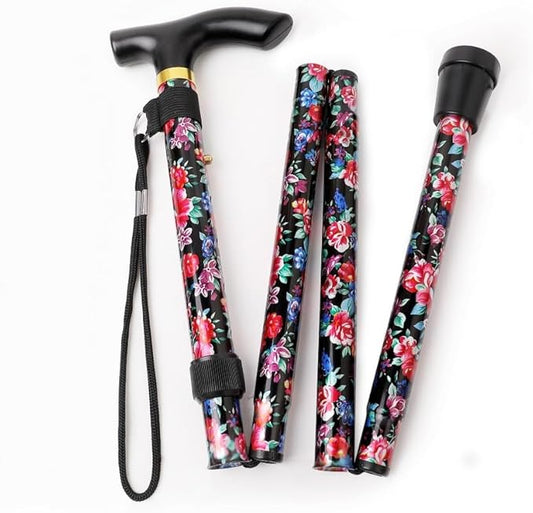 Folding Lightweight Walking Stick - Adjustable Aluminum Metal Collapsible Travel Cane with Non-Slip Rubber Base