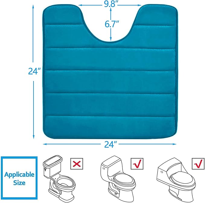 Buganda Memory Foam U-Shaped Contour Toilet Rugs, Non Slip Absorbent, Thick Soft Washable Bathroom Mat, Floor Carpet Bath Rugs Mat for Toilet Base (24" x 24", Peacock Blue)