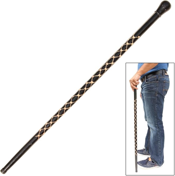 Armory Replicas™ Hand Carved Eucalyptus Walking Cane with Tribal Design - 35.75" Wooden Shaft, Knob Handle, Rubber Tip for Stability – Stylish & Functional Black Cane for Mobility & Fashion