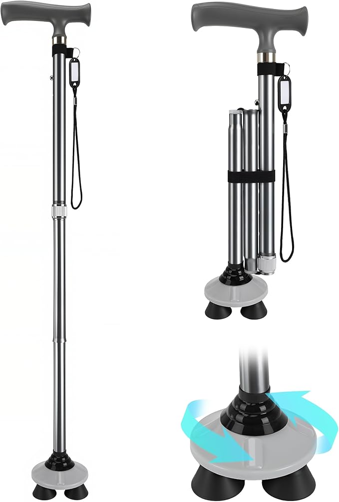 NINEMAX Walking Cane for Men Women Seniors, Foldable Collapsible Adjustable Free Standing T Handle Walking Stick, Lightweight Sturdy Folding Cane Portable for Stable and Balance