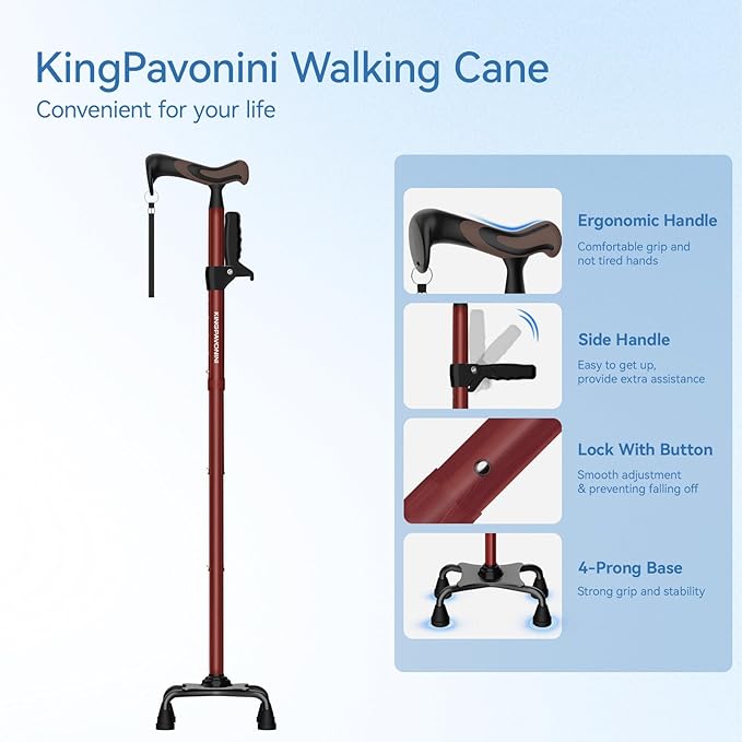 KingPavonini Walking Cane for Women/Men with Second Handle, Foldable & Adjustable Quad Cane with 4-Pronged Base for Standing, Lightweight Walking Aid for Seniors & Adults