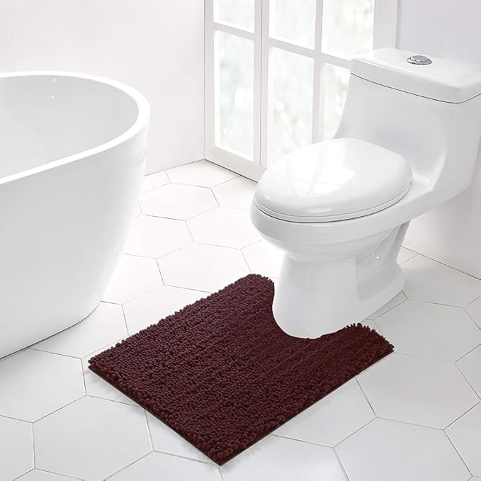 Walensee Bathroom Contour Rug Non Slip Toilet U Shaped Bath Mat (20x24, Burgundy) Water Absorbent Super Soft Shaggy Chenille Machine Washable Dry Extra Thick Perfect Absorbant Best Plush Carpet