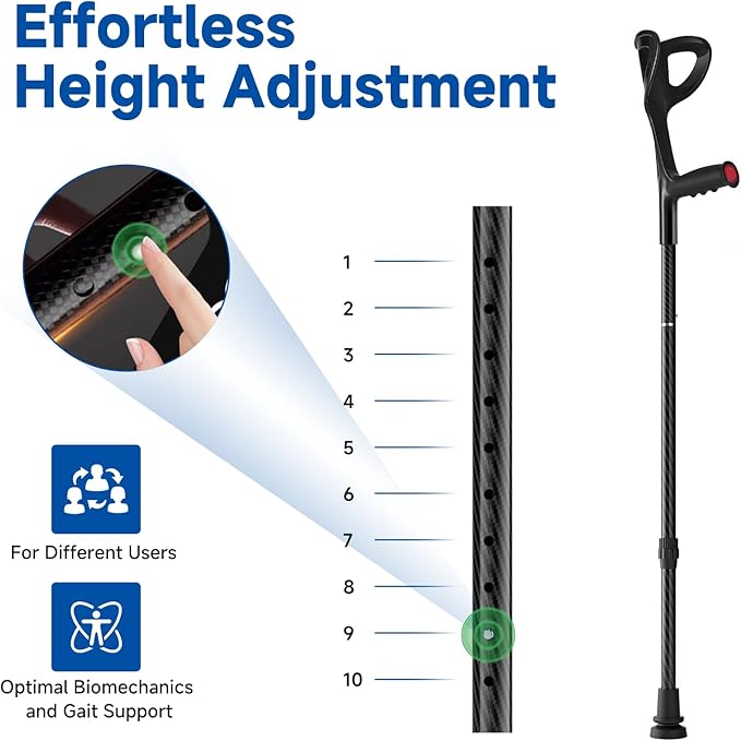 Carbon Fiber Elbow Walking Cane for Men/Women, Lightweight, Height Adjustment Walking Stick, with Ergonomic Contoured Grip and Comfortable U-Shaped Elbow Support for Senior