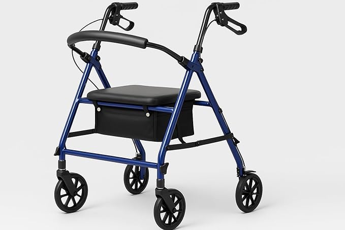 Caring 4-Wheel Rollator Walker for Seniors – Blue Rolling Walker with Seat, Hand Brakes & Storage – Heavy Duty Frame Supports 350 lbs – Foldable Mobility Aid