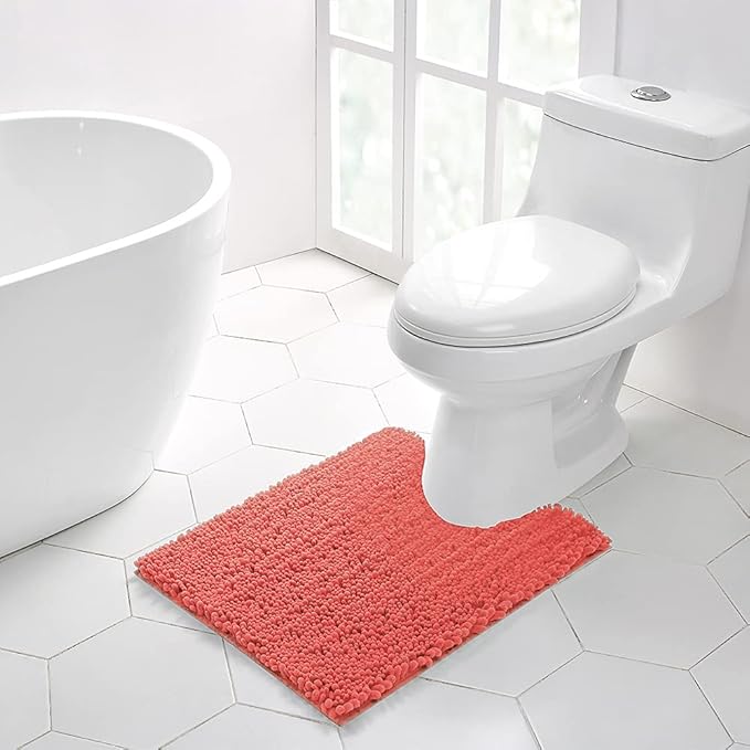 Walensee Bathroom Rug 2 Pieces Set Non Slip Bath Mat (20"x32" Plus 20"x24" U Living Coral) Water Absorbent Super Soft Shaggy Chenille Machine Washable Dry Extra Thick Perfect Carpet for Shower Floor