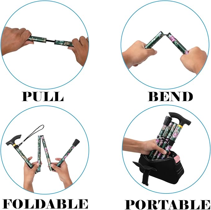 Folding Lightweight Walking Stick - Adjustable Aluminum Metal Collapsible Travel Cane with Non-Slip Rubber Base