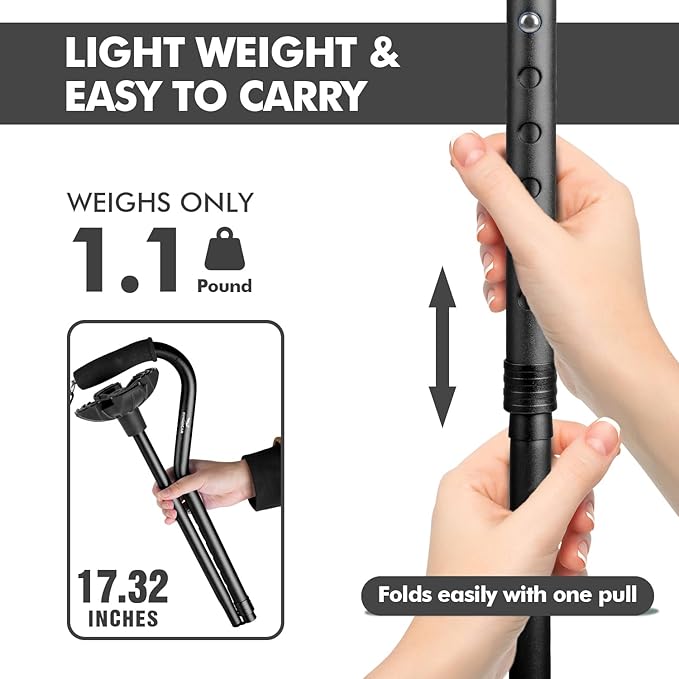 KINGGEAR F1 Walking Stick, Walking Cane for Women & Men with Wrist Strap, Lightweight & Sturdy Offset EVA Handle, Large Quad Base, Self Standing for Seniors and People with Injuries & Recovery