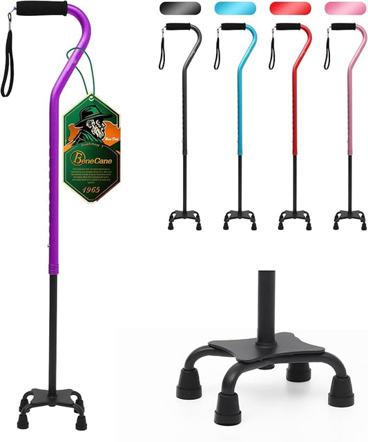 BeneCane Quad Cane Adjustable Walking Cane with Offset Soft Cushioned Handle for Men & Women Lightweight Comfortable with 4-Pronged feet for Extra Stability