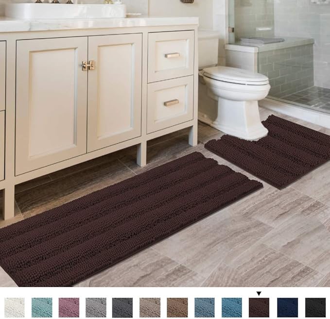 H.VERSAILTEX Bathroom Rugs Bath Rug Set 2 Piece Bathroom Contour Rug Toilet Mat Sets Non Slip Contour Bath Rug Ultra Thick Water Absorbent Striped Bath Mats(47" x 17" Plus 20" x 20" U, Chocolate)