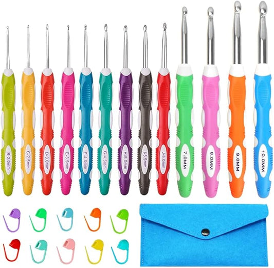 Lewhoo Ergonomic Crochet Hooks Set with Case, 13 Size Crochet Hooks for Arthritic Hands 2.0mm -10.0mm (B-N)
