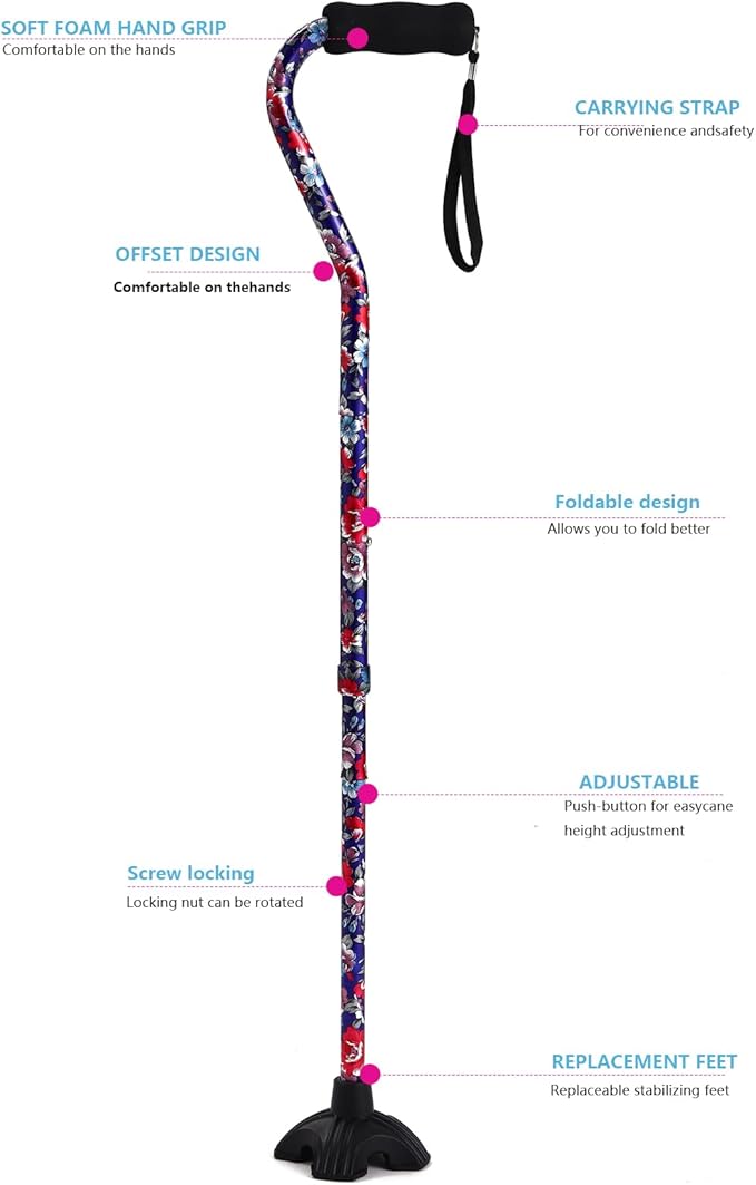 Elegant Walking Cane for Women, Foldable & Adjustable Cane for Seniors with Self-Standing Tip | Lightweight Mobility Aid for Stability & Balance Support