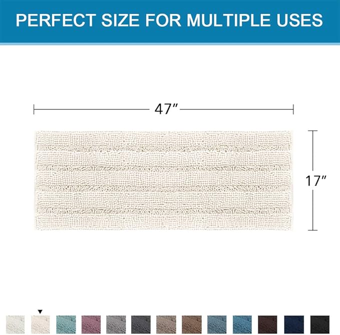H.VERSAILTEX Bath Rugs for Bathroom Non Slip Bath Mats Extra Thick Chenille Striped Bath Rug Runners 47" x 17" Absorbent Fluffy Soft Shaggy Mats Dry Fast Plush Area Carpet for Bath Room - Ivory