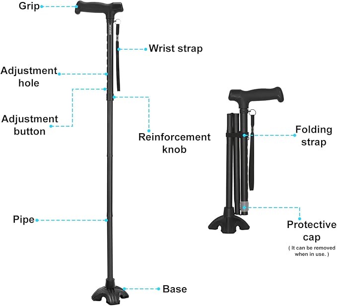 Walking Cane for Men and Women, Extended Handle; Solid Base; Foldable; Adjustable Heights; Lightweight; Heavy-Duty Canes for Seniors (Black)