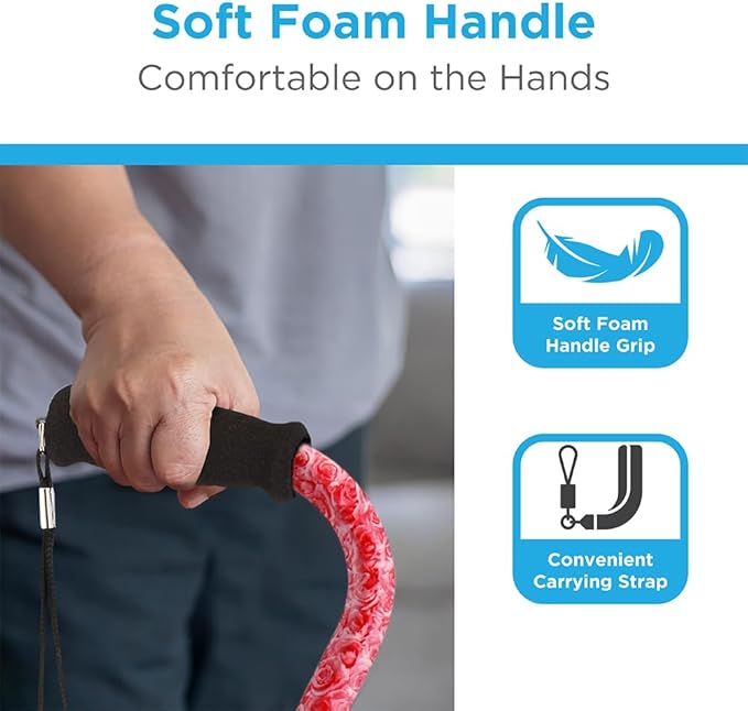 Nova Joy Designer Offset Walking Cane for Seniors - Unisex Adjustable Lightweight Aid with Foam Handle, Wrist Strap and Anti-Rattle Lock - Essential Mobility Support - Roses