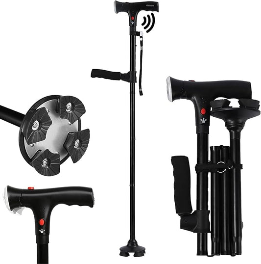 Walking Cane with LED Light & Alarm, Adjustable Smart Walking Cane with Side Handle Quad Base, Foldable Free Standing Walking Stick, Mobility Aid Provides Balance for Arthritis Disabled & Elderly