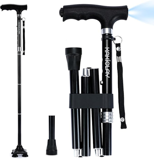 Folding Walking Cane with LED Light for Women & Men - Foldable, Adjustable, Collapsible Lightweight Aluminum Walking Stick for Seniors & Adults