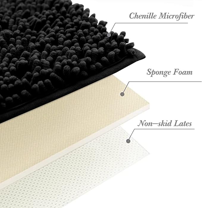 Non-Slip Bath Rug,Extra Soft Microfiber Bedroom Shag Carpet with Anti-Slip Backing,Water/Dust Absorbent Fast Dry Shower Mat,Sound Insulated Stairs Pad,Machine Washable (Black,12 x 24 Inches)