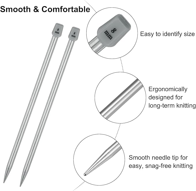 uxcell 2Pcs 8mm(L) Single Pointed Knitting Needles Stainless Steel 9.84 Inches Length Metal Weaving Tool for Handmade Projects DIY Knitting