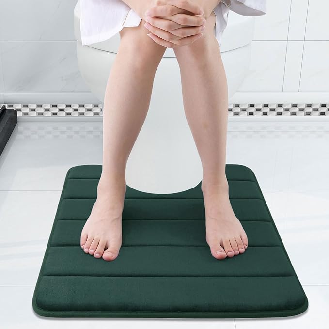 Buganda Memory Foam U-Shaped Contour Toilet Rugs, Non Slip Absorbent, Thick Soft Washable Bathroom Mat, Floor Carpet Bath Rugs Mat for Toilet Base (24" x 20", Dark Green)