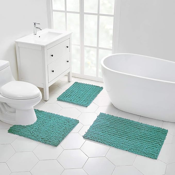 Walensee Bathroom Rug Non Slip Bath Mat (32x20 Inch Turquoise) Water Absorbent Super Soft Shaggy Chenille Machine Washable Dry Extra Thick Perfect Absorbant Best Large Plush Carpet for Shower Floor