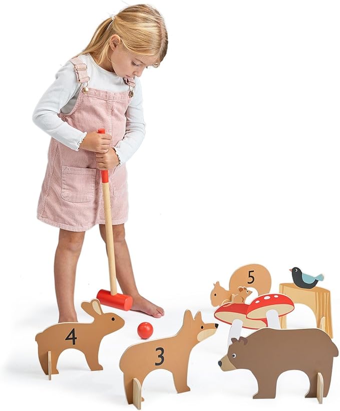 Tender Leaf Toys - Woodland Indoor Croquet Set - 17 Piece Portable Wooden Forest Themed Sports Toy for Boys and Girls - Boost Motor Skills and Hand-Eye Coordination - Interactive Family Game - Age 3+