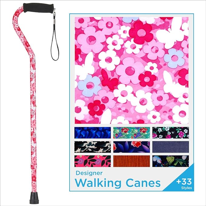 Nova Joy Designer Offset Walking Cane for Seniors - Unisex Adjustable Lightweight Aid with Foam Handle, Wrist Strap and Anti-Rattle Lock - Essential Mobility Support - Pink Petal Power