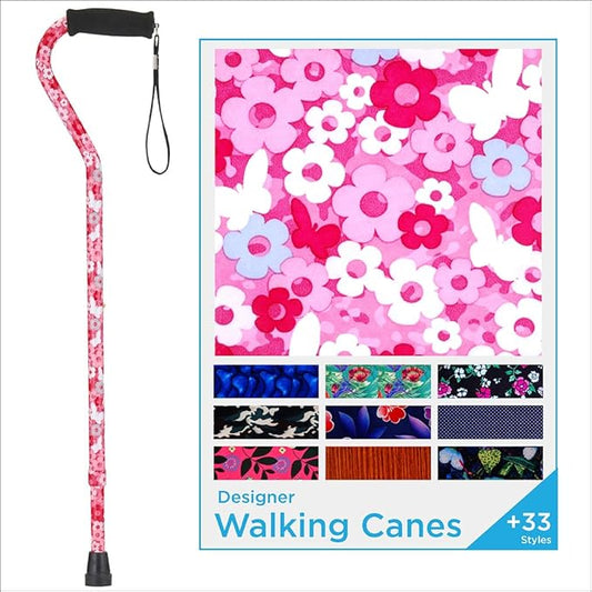 Nova Joy Designer Offset Walking Cane for Seniors - Unisex Adjustable Lightweight Aid with Foam Handle, Wrist Strap and Anti-Rattle Lock - Essential Mobility Support - Pink Petal Power