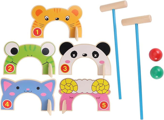 TOYANDONA Croquet Sets for Kids, Cartoon Wooden Animal Croquet Set with Croquet Wood Mallets, Interactive Family Game Croquet Game Set for Boys Girls