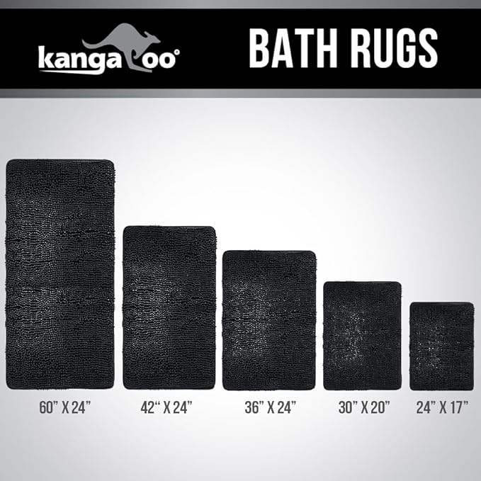KANGAROO Bathroom Rugs, Chenille Soft Absorbent Bath Rug, Shaggy Shower Mat, Quick Dry Machine Wash Bathmat, Plush Carpet Mats for Tub, Bathtub and Room Home Decor Accessories, 60x24, Black