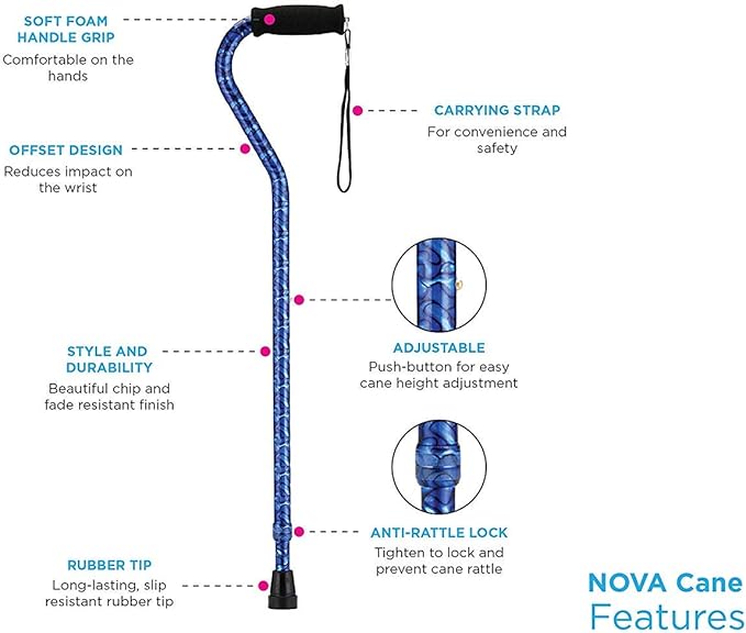 NOVA Designer Walking Cane with Offset Handle, Lightweight Adjustable Walking Stick with Carrying Strap, Silver