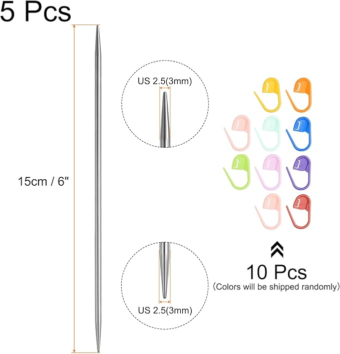 uxcell 5Pcs Knitting Needle Size US 2.5(3mm) 6 Inches (15cm) Length Stainless Steel Double Pointed Sweater Stitching Needles with 10 Colorful Stitch Markers for Handmade Projects DIY