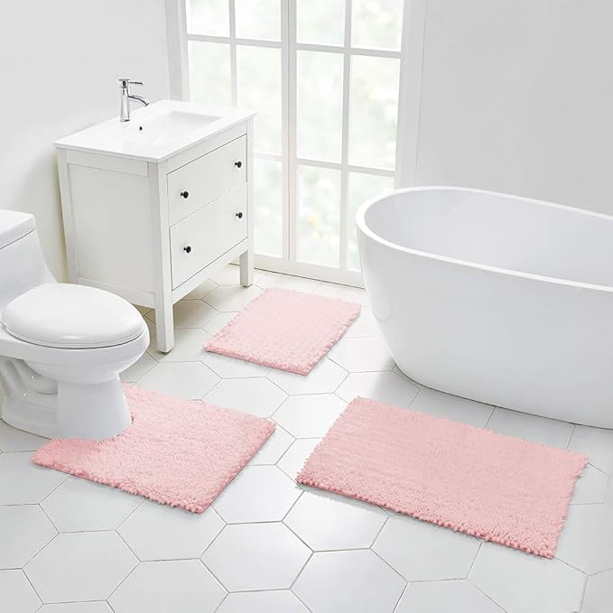 Walensee Bathroom Rug 2 Pieces Set Non Slip Bath Mat (20"x32" Plus 20"x32" Blush) Water Absorbent Super Soft Shaggy Chenille Machine Washable Dry Extra Thick Perfect Carpet for Shower Floor