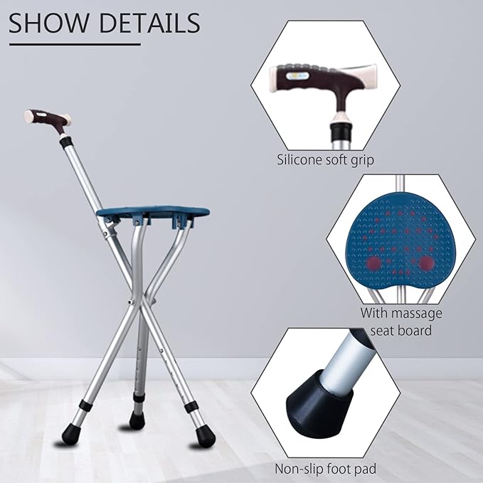 Hold 440 lbs Folding Canes with Seat Walking Stick Height Adjustment Cane Seat Capacity Frosted Handle with Magnetic Therapy Stone Crutches Stool