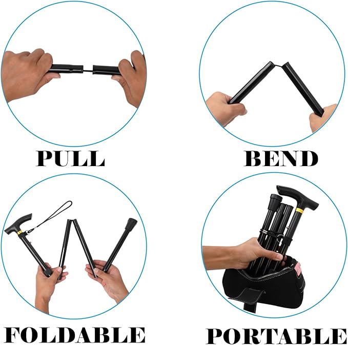 Folding Lightweight Walking Stick - Adjustable Aluminum Metal Collapsible Travel Cane with Non-Slip Rubber Base