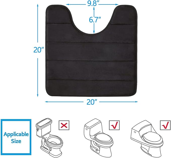 Buganda Memory Foam U-Shaped Contour Toilet Rugs, Non Slip Absorbent, Thick Soft Washable Bathroom Mat, Floor Carpet Bath Rugs Mat for Toilet Base (20" x 20", Black)