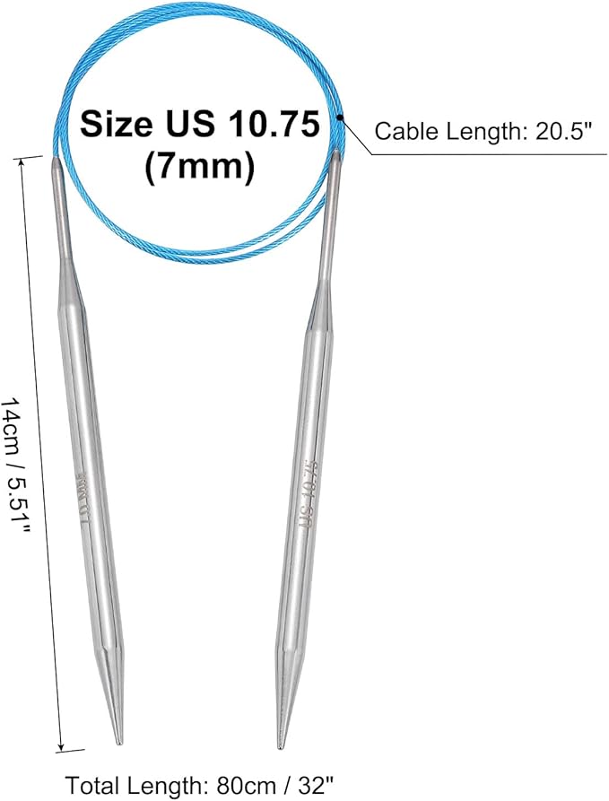 uxcell Size US 10.75 (7mm) Knitting Needles Circular Needle 32 Inch(80cm) Round Metal Stainless Steel Needle for Handmade Projects DIY Knitting