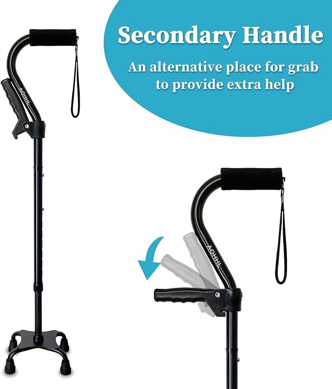 AOHHL Quad Walking Cane Foldable Adjustable Portable Stick Men & Women and Seniors - Lightweight & Sturdy with 4-Pronged Base for Extra Stability Balance,Self Standing Gifts for mom Dad