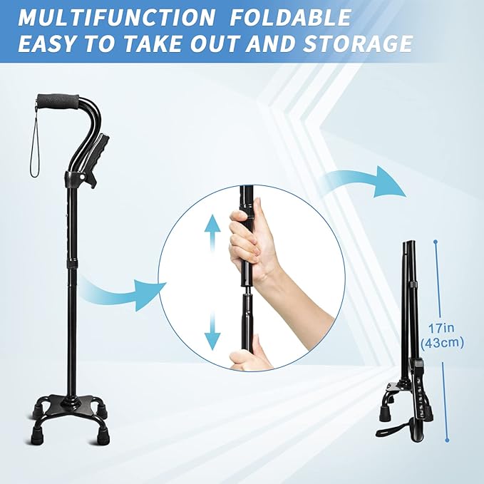 Adjustable Walking Cane for Men & Women with 4-Pronged Base for Extra Stability - Foldable Cane for Seniors with Foam Padded Offset Handle for Soft Grip & a Second Handle for Standing