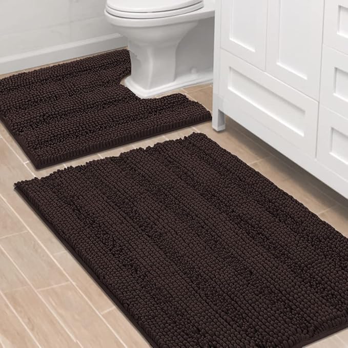 H.VERSAILTEX Bathroom Rugs Bath Rug Set 2 Piece Bathroom Contour Rug Toilet Mat Sets Non Slip Contour Bath Rug Ultra Thick Water Absorbent Striped Bath Mats(36" x 24" Plus 20" x 24" U, Chocolate)