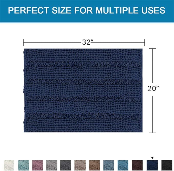 H.VERSAILTEX Bath Rugs for Bathroom Non Slip Bath Mats Extra Thick Chenille Striped Rug 20" x 32" Absorbent Non Skid Fluffy Soft Shaggy Washable Dry Fast Plush Mat for Indoor, Bath Room, Tub - Navy