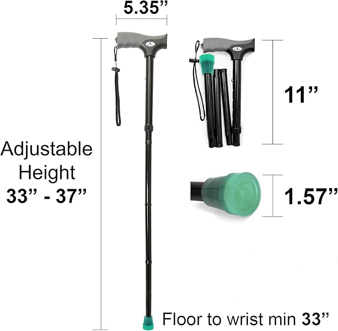 FSA/HSA Eligible, Vaunn Medical Easy Grip Height Adjustable Folding Cane/Walking Stick with Strap/Pouch- Compact, Portable, and Safe Walking Assistant- Non-Slip Grip Handle- Men, Women, Elderly