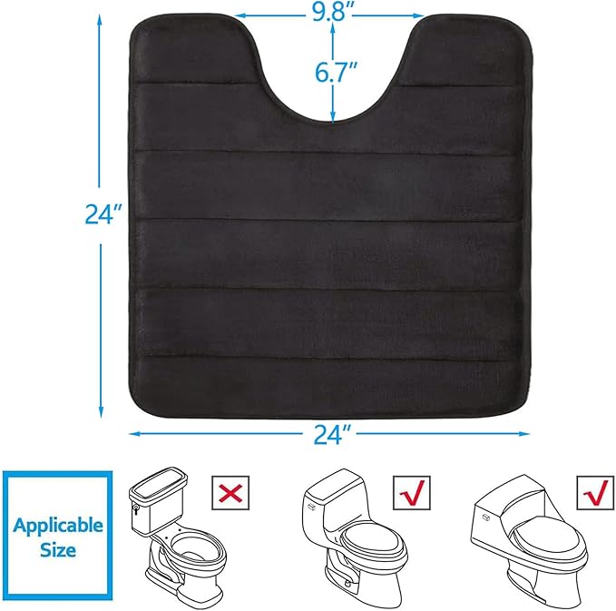 Buganda Memory Foam U-Shaped Contour Toilet Rugs, Non Slip Absorbent, Thick Soft Washable Bathroom Mat, Floor Carpet Bath Rugs Mat for Toilet Base (24" x 24", Black)