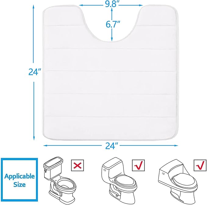Buganda Memory Foam U-Shaped Contour Toilet Rugs, Non Slip Absorbent, Thick Soft Washable Bathroom Mat, Floor Carpet Bath Rugs Mat for Toilet Base (24" x 24", White)