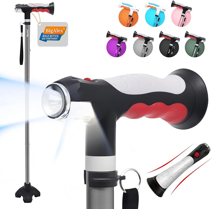 BigAlex Folding Walking Cane with Two Led Lights for Elderly Solid Base Adjustable Walking Stick with Carrying Bag for Men Women