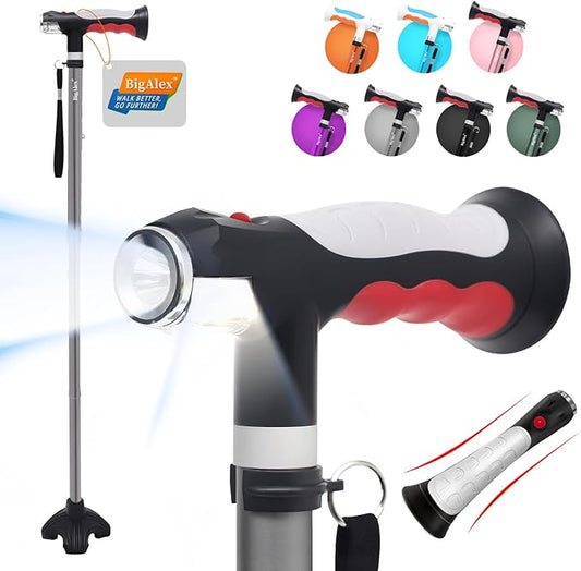 BigAlex Folding Walking Cane with Two Led Lights for Elderly Solid Base Adjustable Walking Stick with Carrying Bag for Men Women