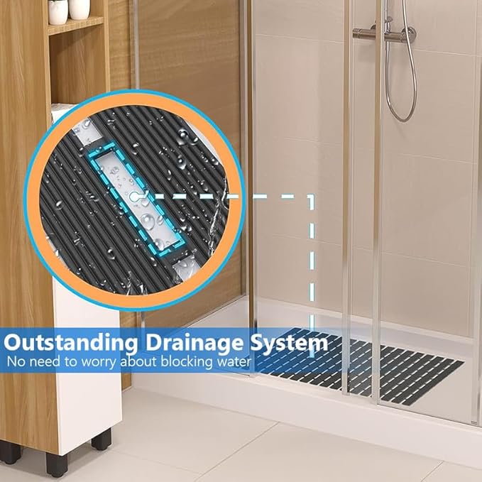 Bath Mat Non Slip Shower Mat Bathtub with Drain Holes and Heavy Duty Rubber No Suction Cups Sturdy Shower Stall Tub Mat for Bathroom, Shower Floor, Pool, SPA, (Black, 2FT X 13FT)